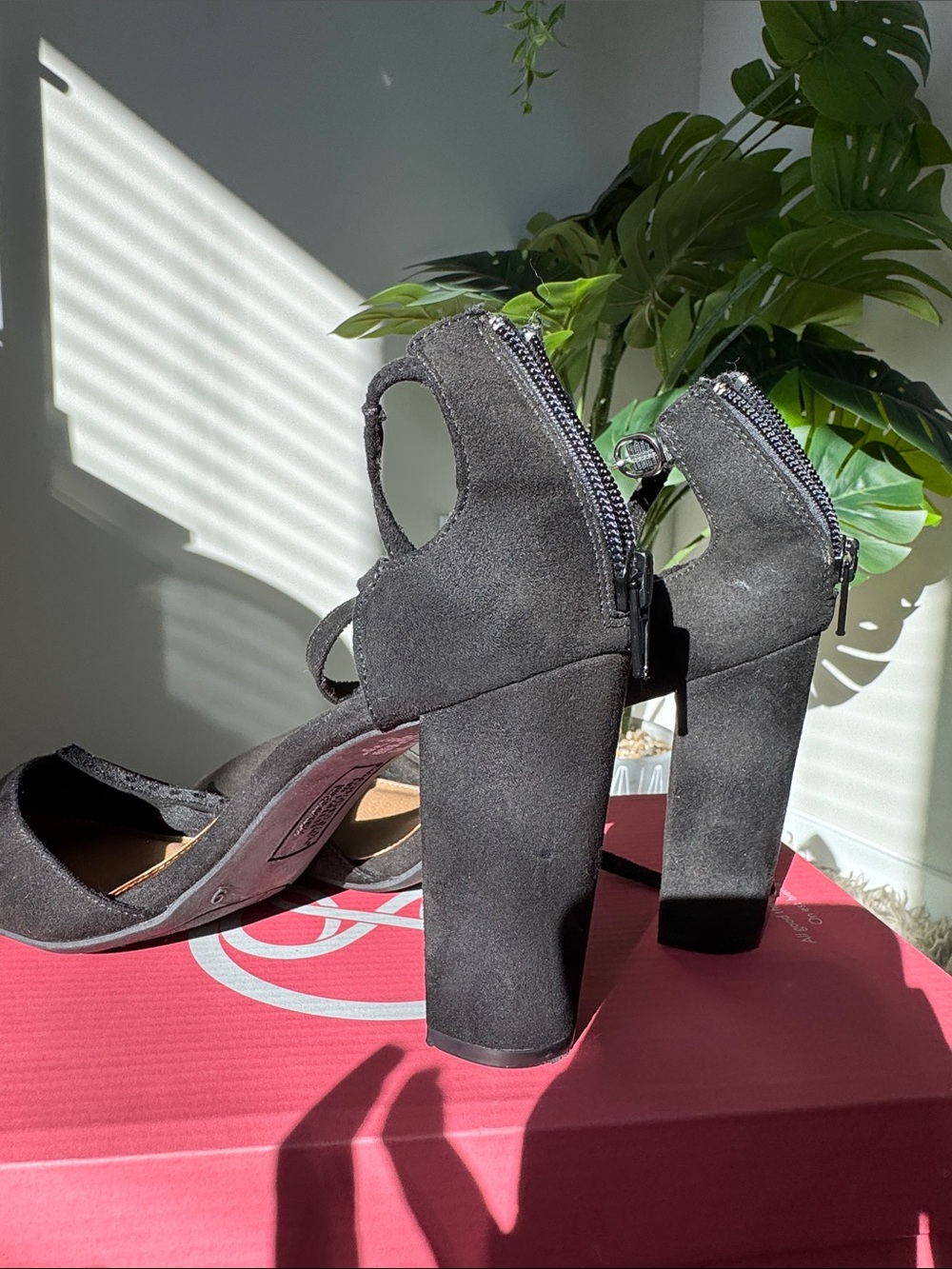 Christian Siriano Black Suede Block Heel Sandals with Rear Zipper